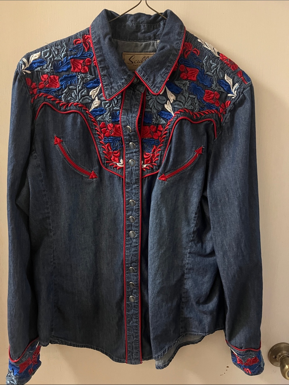 Scully Dark Blue Denim Western Shirt with Red & Blue Embroidery
